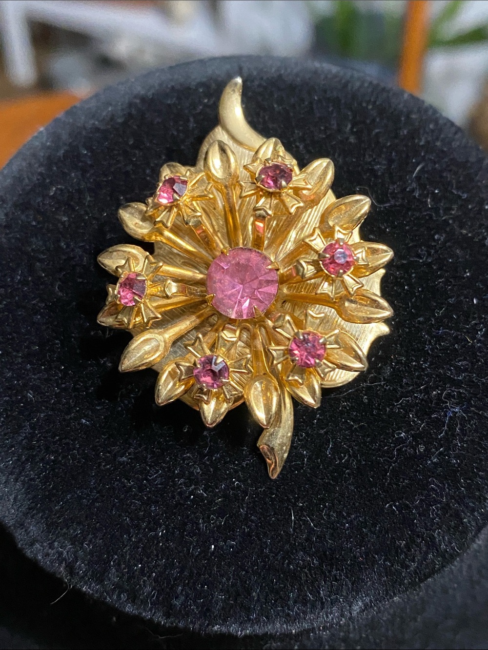 Vintage Gold Floral Brooch with Pink Stones